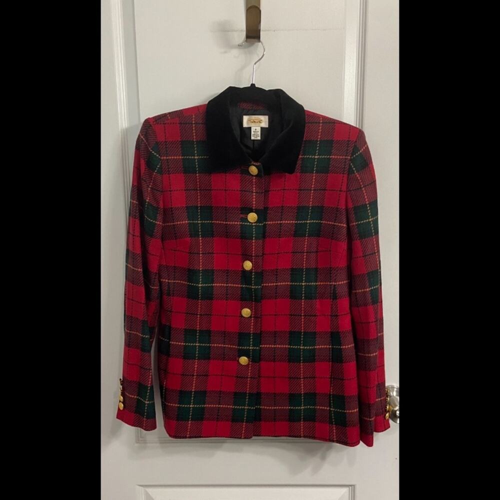 Talbots Suit Jacket blazer plaid tartan holiday red green gold black size 8